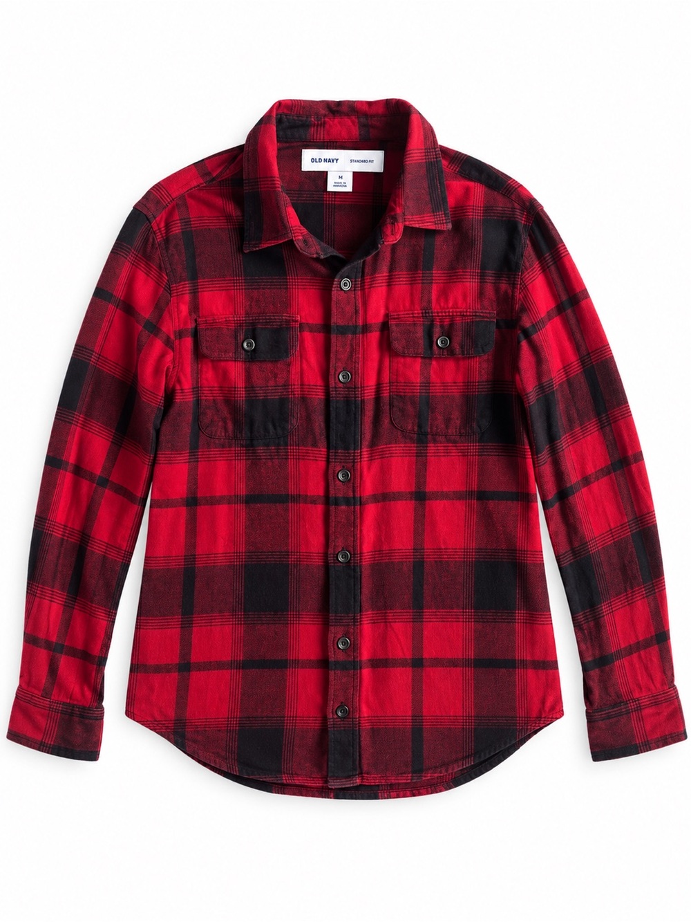 Old Navy Built-In Flex Plaid Flannel Shirt Red Black Boys XL 14-16